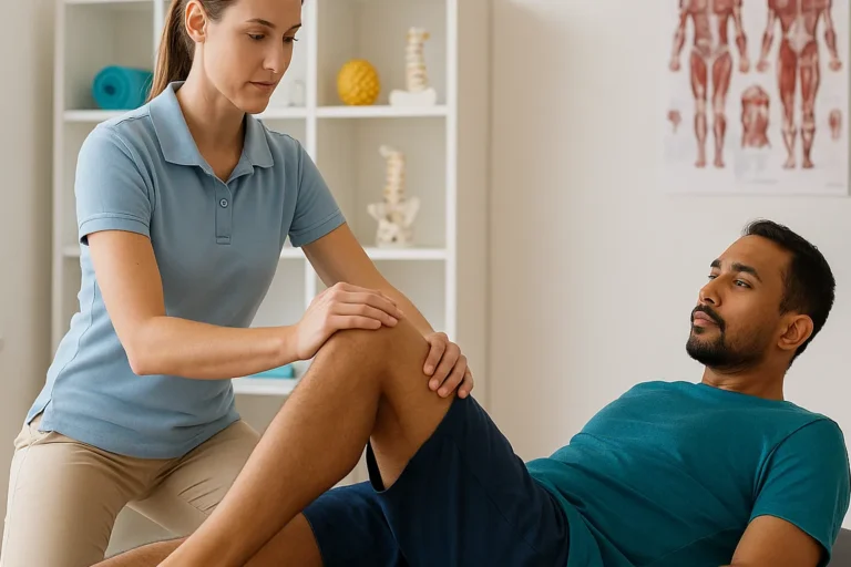 Eine Physiotherapeutin behandelt in einer modernen Praxisumgebung das Bein eines männlichen Patienten, der auf einer Liege liegt. Im Hintergrund sind medizinische Poster, Gehhilfen und Trainingsgeräte sichtbar.