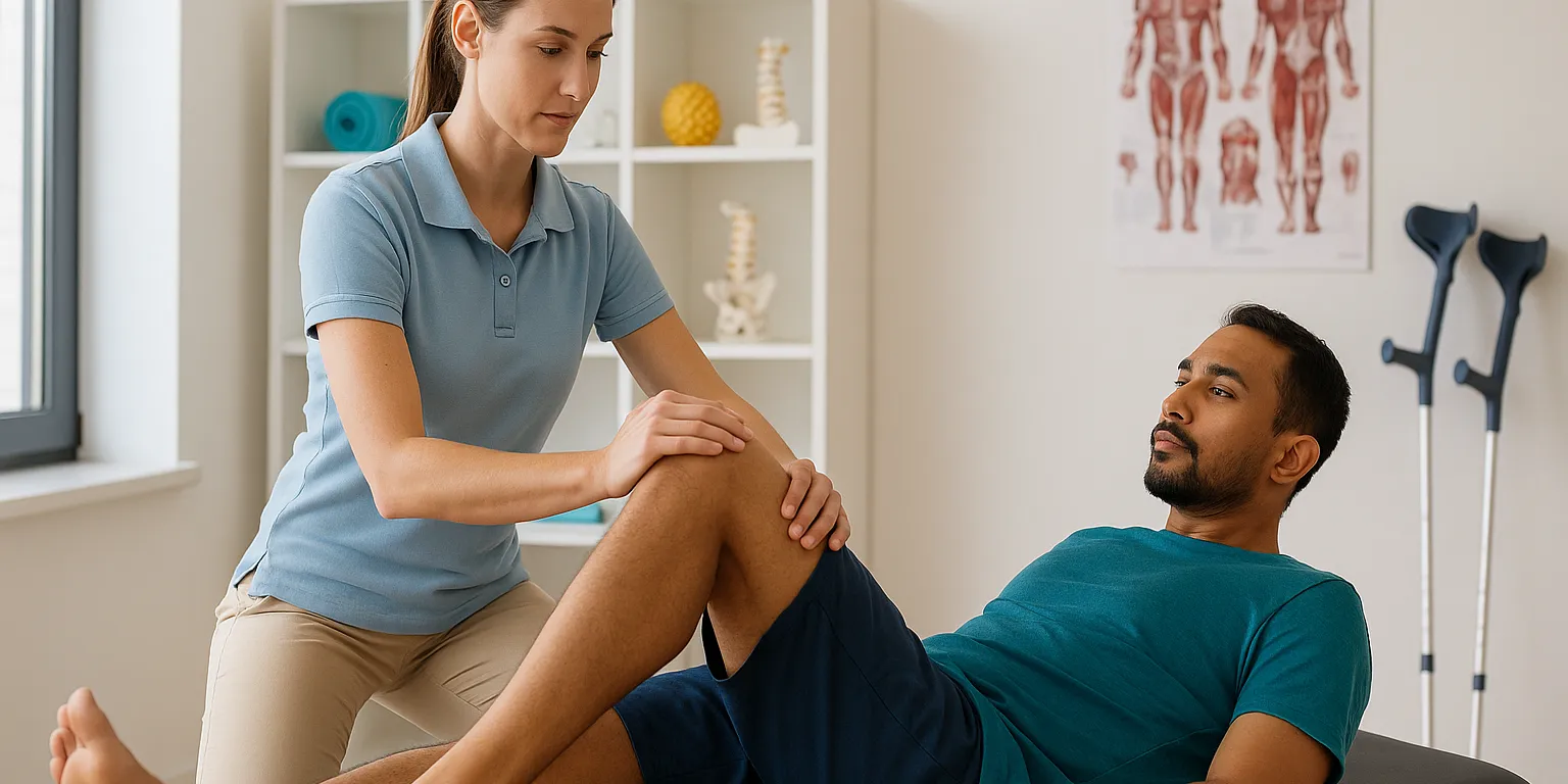 Eine Physiotherapeutin behandelt in einer modernen Praxisumgebung das Bein eines männlichen Patienten, der auf einer Liege liegt. Im Hintergrund sind medizinische Poster, Gehhilfen und Trainingsgeräte sichtbar.