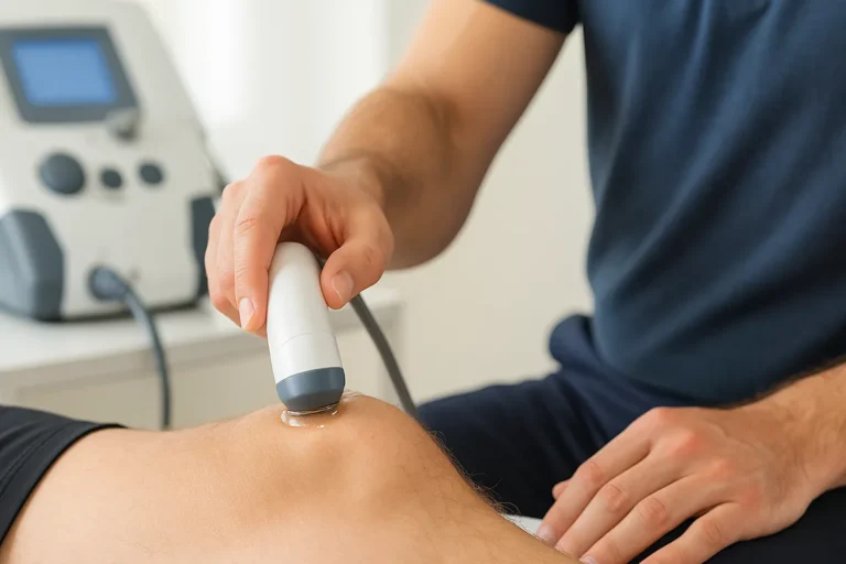 Ein Physiotherapeut führt in einem hellen Behandlungsraum eine Ultraschalltherapie am Knie eines Patienten durch.