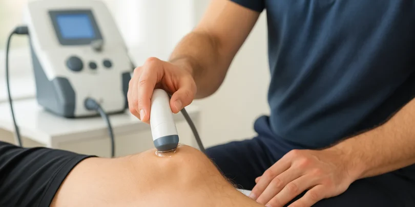 Ein Physiotherapeut führt in einem hellen Behandlungsraum eine Ultraschalltherapie am Knie eines Patienten durch.