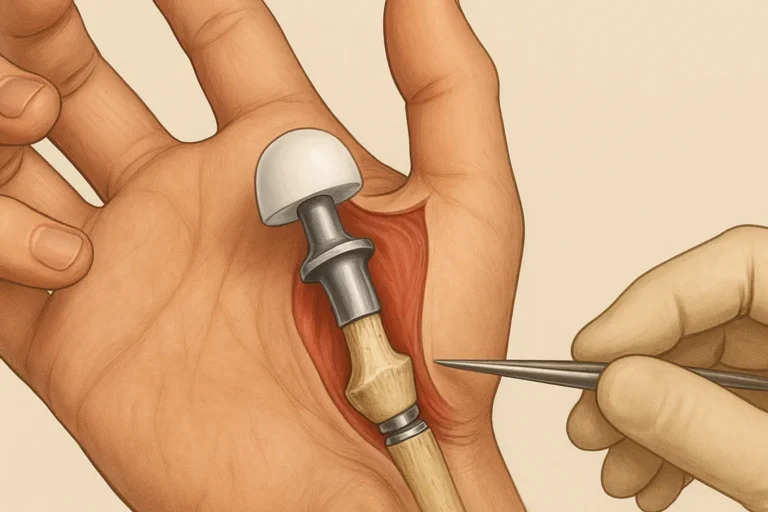 Detaillierte medizinische Illustration einer eingesetzten Daumensattelgelenksprothese im geöffneten Bereich der Hand mit sichtbaren Knochen, Muskeln und einem chirurgischen Instrument.