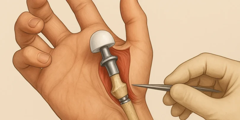 Detaillierte medizinische Illustration einer eingesetzten Daumensattelgelenksprothese im geöffneten Bereich der Hand mit sichtbaren Knochen, Muskeln und einem chirurgischen Instrument.