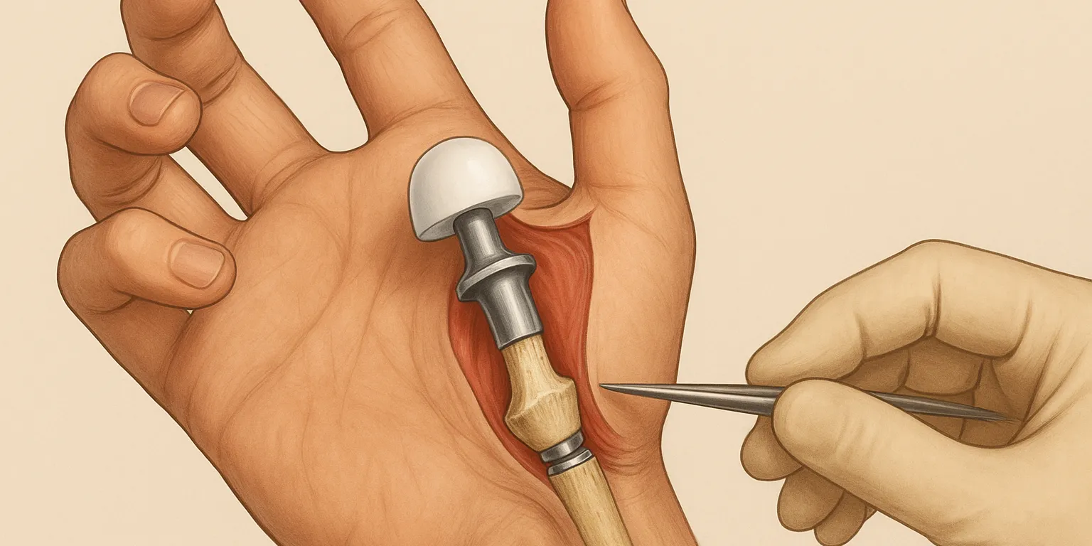 Detaillierte medizinische Illustration einer eingesetzten Daumensattelgelenksprothese im geöffneten Bereich der Hand mit sichtbaren Knochen, Muskeln und einem chirurgischen Instrument.