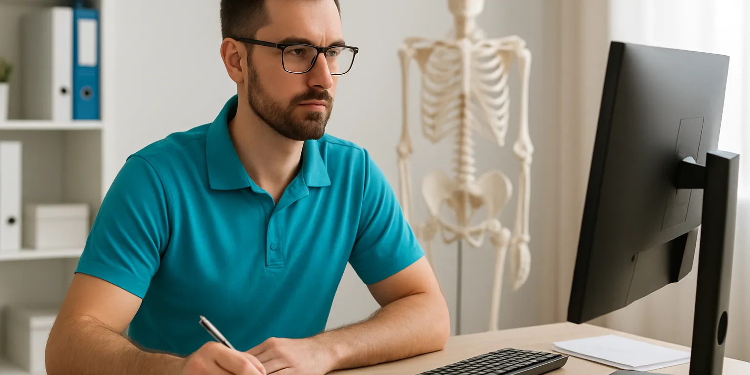 Ein männlicher Physiotherapeut sitzt konzentriert an einem Schreibtisch in einem hellen Büro, arbeitet am Computer und macht sich Notizen, im Hintergrund steht ein Skelettmodell.