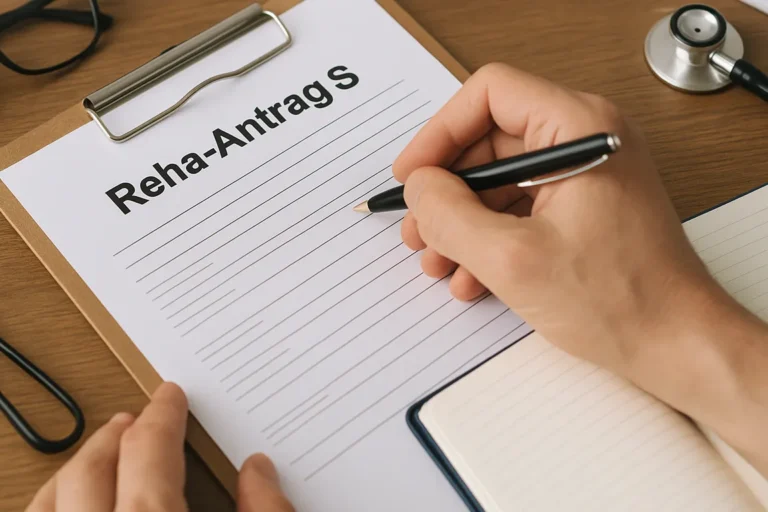 Nahaufnahme einer Hand, die ein Formular mit dem Titel „Reha-Antrag S“ auf einem Klemmbrett ausfüllt, umgeben von Brille, Notizbuch und Stethoskop auf einem Holztisch.