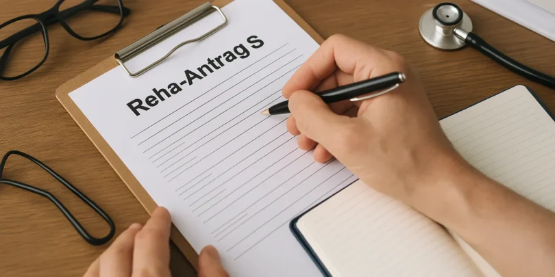 Nahaufnahme einer Hand, die ein Formular mit dem Titel „Reha-Antrag S“ auf einem Klemmbrett ausfüllt, umgeben von Brille, Notizbuch und Stethoskop auf einem Holztisch.