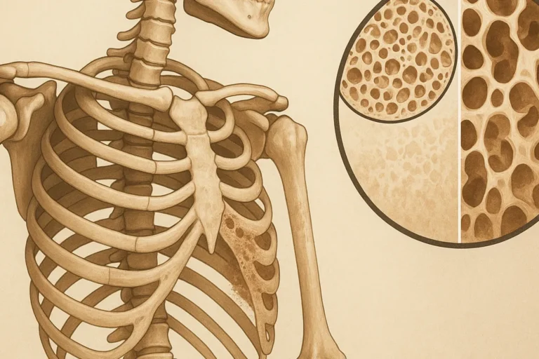 Medizinische Illustration des menschlichen Brustkorbskeletts mit Fokus auf Osteoporose; ein vergrößertes Kreisfenster zeigt gesunde und osteoporotisch veränderte Knochenstruktur im Vergleich.