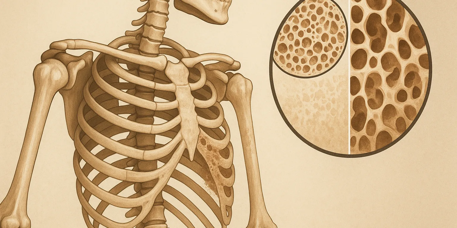 Medizinische Illustration des menschlichen Brustkorbskeletts mit Fokus auf Osteoporose; ein vergrößertes Kreisfenster zeigt gesunde und osteoporotisch veränderte Knochenstruktur im Vergleich.