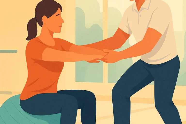 Illustration in einem hellen Fitnessstudio: Eine Frau sitzt auf einem Gymnastikball und hält die Arme nach vorn ausgestreckt, während ein Mann vor ihr steht und ihre Unterarme stützt. Im Hintergrund sind große Fenster, Pflanzen und weitere Trainingsgeräte wie Hanteln und Balance-Pads zu sehen.