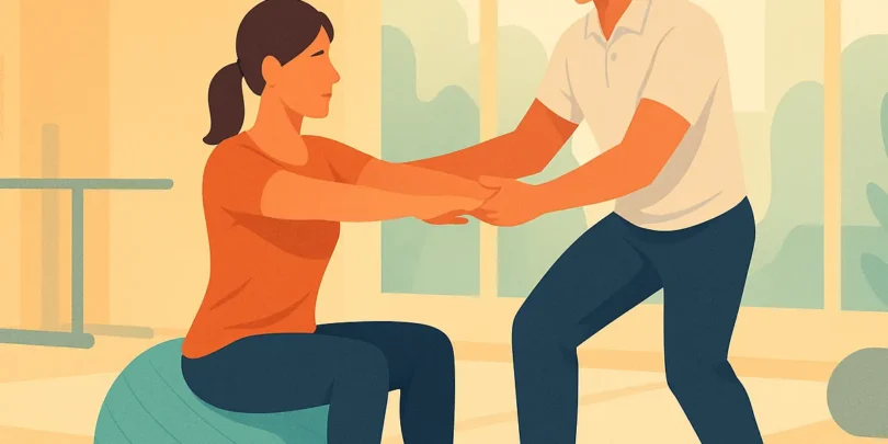 Illustration in einem hellen Fitnessstudio: Eine Frau sitzt auf einem Gymnastikball und hält die Arme nach vorn ausgestreckt, während ein Mann vor ihr steht und ihre Unterarme stützt. Im Hintergrund sind große Fenster, Pflanzen und weitere Trainingsgeräte wie Hanteln und Balance-Pads zu sehen.