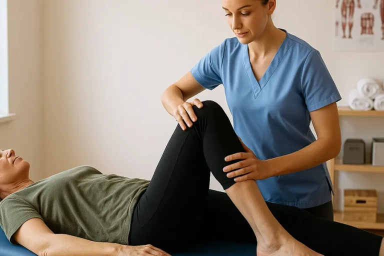 Eine Physiotherapeutin in blauer Kleidung führt eine Mobilisationsübung am Knie einer älteren Frau durch, die entspannt auf einer Behandlungsliege liegt. Der Raum wirkt hell und professionell.