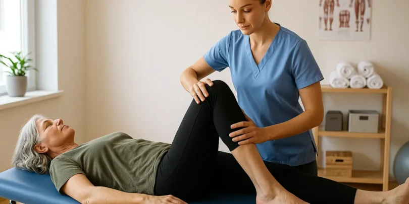Eine Physiotherapeutin in blauer Kleidung führt eine Mobilisationsübung am Knie einer älteren Frau durch, die entspannt auf einer Behandlungsliege liegt. Der Raum wirkt hell und professionell.