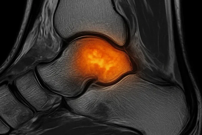 Ein MRT-Bild eines menschlichen Sprunggelenks mit orangefarbener Markierung im Gelenkbereich deutet auf eine Entzündung oder Läsion hin. Das Bild ist in Schwarz-Weiß mit farblichem Fokus.