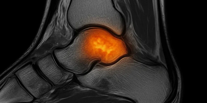 Ein MRT-Bild eines menschlichen Sprunggelenks mit orangefarbener Markierung im Gelenkbereich deutet auf eine Entzündung oder Läsion hin. Das Bild ist in Schwarz-Weiß mit farblichem Fokus.