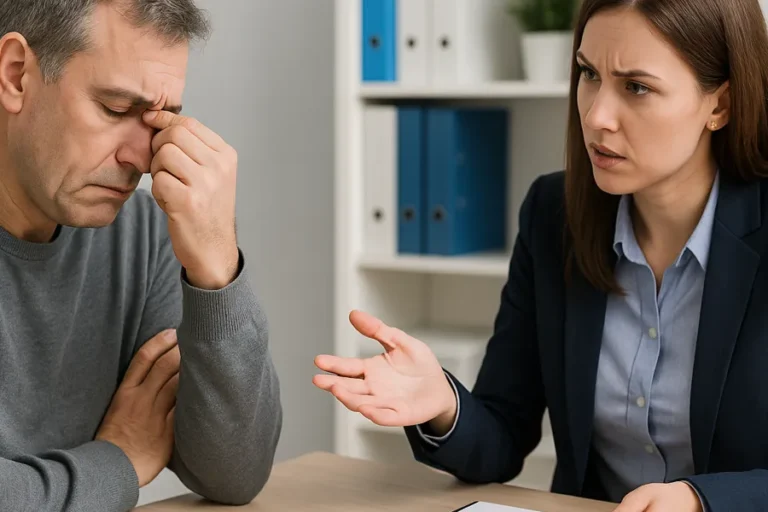 Ein Mann mit erschöpfter Miene sitzt an einem Tisch und stützt sich mit der Hand die Stirn. Ihm gegenüber spricht eine Frau im Business-Outfit ernsthaft mit ihm. Auf dem Tisch liegen ein Notizbuch und ein ausgefülltes Formular.