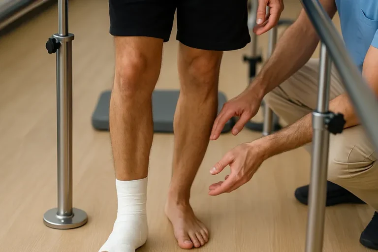 Ein junger Mann mit bandagiertem Fuß trainiert an einer Gehhilfe in einer Reha-Einrichtung. Ein Therapeut kniet neben ihm und gibt unterstützende Anweisungen.