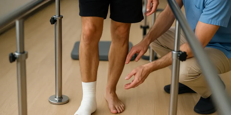 Ein junger Mann mit bandagiertem Fuß trainiert an einer Gehhilfe in einer Reha-Einrichtung. Ein Therapeut kniet neben ihm und gibt unterstützende Anweisungen.