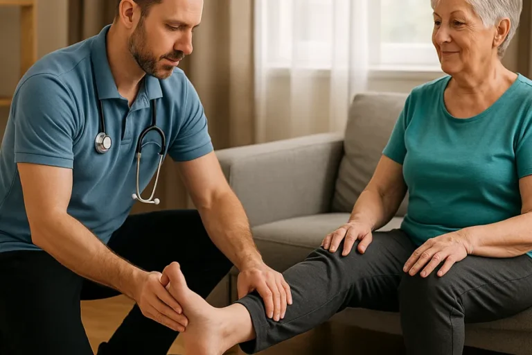 Ein Arzt oder Therapeut untersucht den Fuß einer älteren Frau, die auf einem Sofa sitzt. Die Untersuchung findet in einer häuslich wirkenden Umgebung statt.
