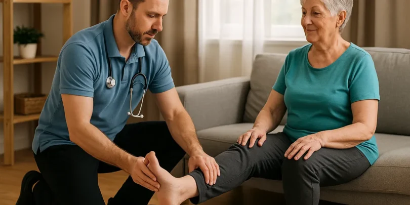 Ein Arzt oder Therapeut untersucht den Fuß einer älteren Frau, die auf einem Sofa sitzt. Die Untersuchung findet in einer häuslich wirkenden Umgebung statt.