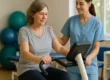 Eine ältere Frau trainiert auf einem Heimtrainer unter Anleitung einer Physiotherapeutin. Beide befinden sich in einem hellen Raum mit Therapiegeräten im Hintergrund.