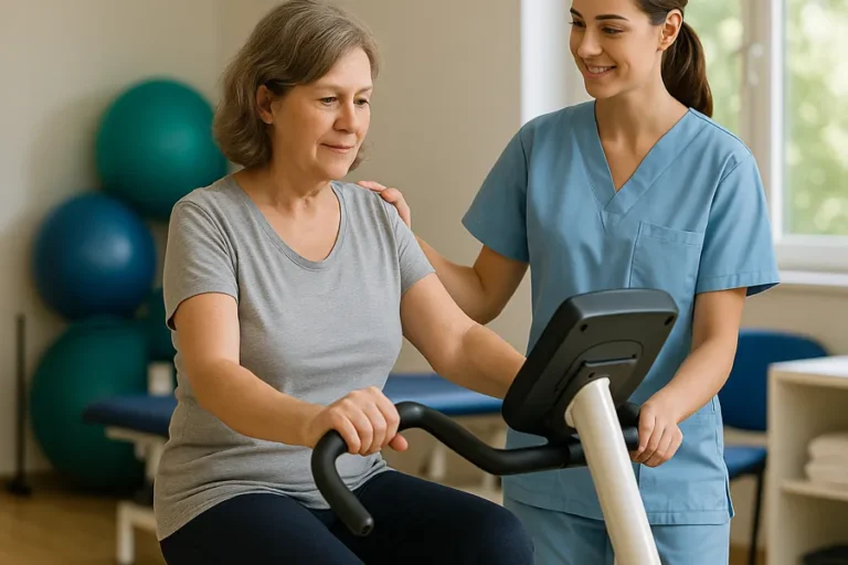 Eine ältere Frau trainiert auf einem Heimtrainer unter Anleitung einer Physiotherapeutin. Beide befinden sich in einem hellen Raum mit Therapiegeräten im Hintergrund.