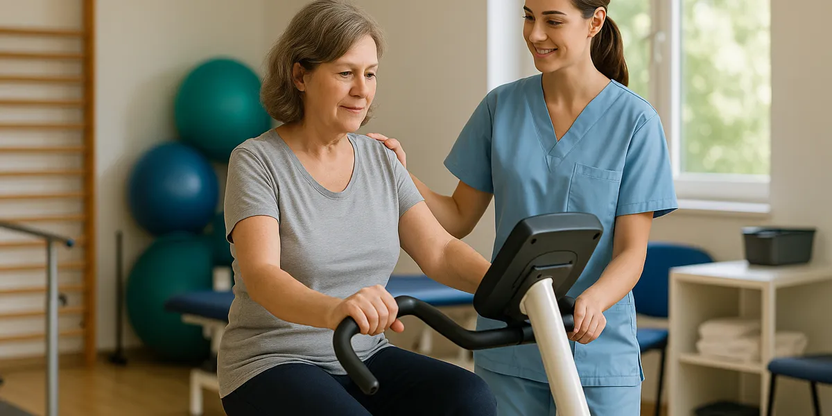 Eine ältere Frau trainiert auf einem Heimtrainer unter Anleitung einer Physiotherapeutin. Beide befinden sich in einem hellen Raum mit Therapiegeräten im Hintergrund.