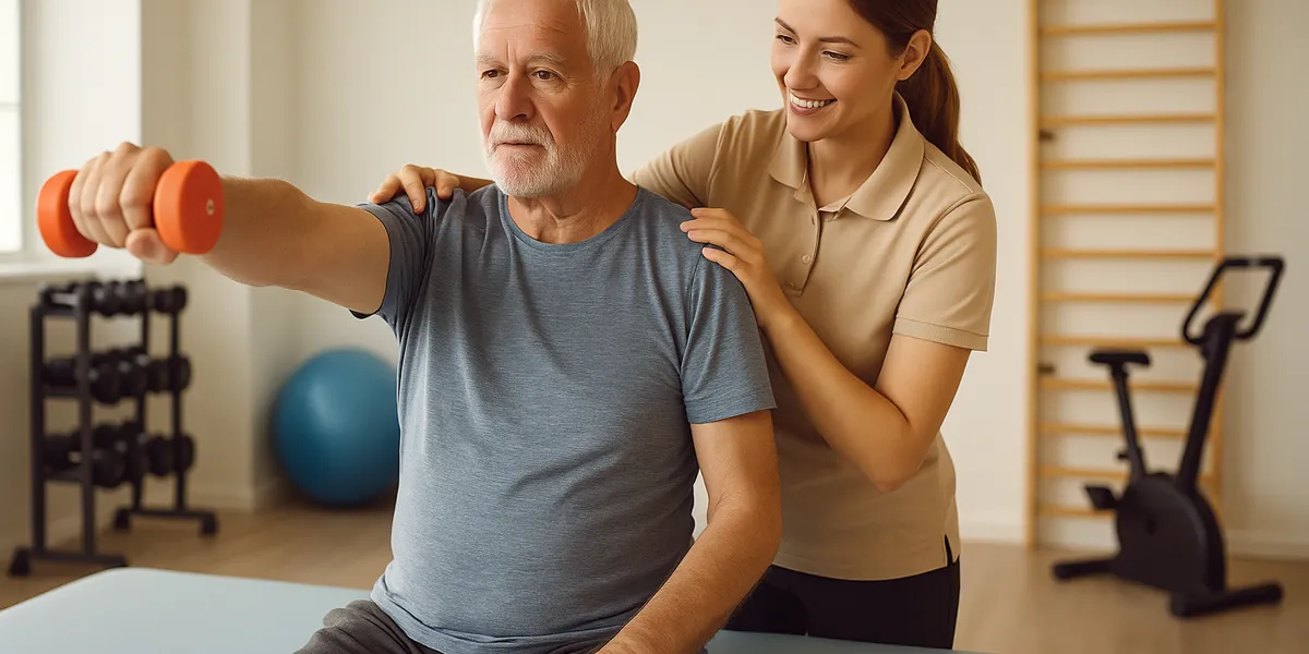 Ein älterer Mann trainiert mit einer kleinen Hantel unter Anleitung einer jungen Physiotherapeutin. Sie unterstützt ihn lächelnd bei der Schulterbewegung. Im Hintergrund befinden sich Trainingsgeräte. 