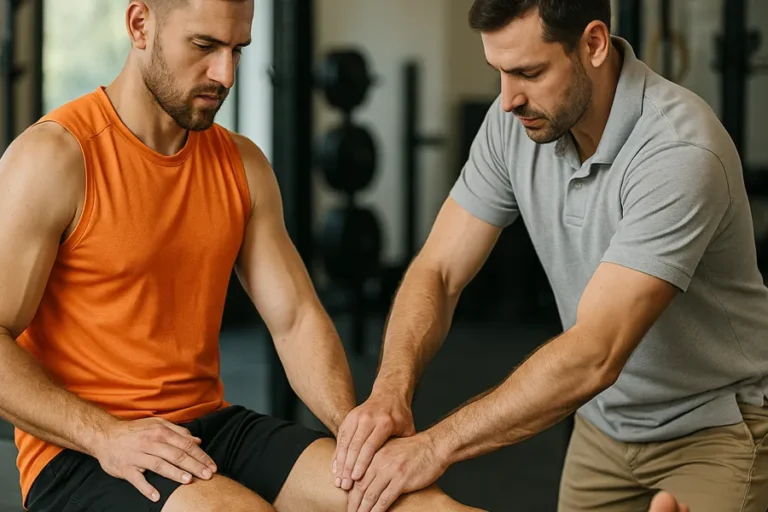Ein Physiotherapeut tastet das Knie eines sportlich gekleideten Mannes ab, der auf einer Behandlungsliege sitzt. Die Szene spielt sich in einem Trainingsraum mit Fitnessgeräten im Hintergrund ab.
