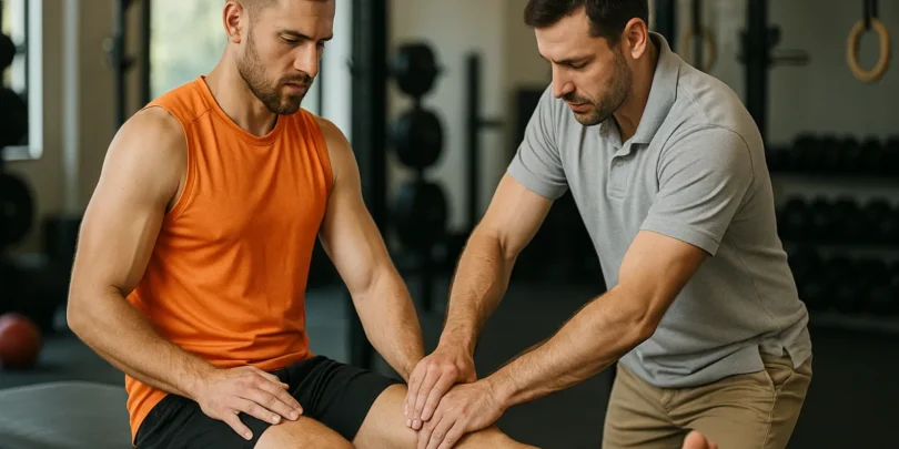 Ein Physiotherapeut tastet das Knie eines sportlich gekleideten Mannes ab, der auf einer Behandlungsliege sitzt. Die Szene spielt sich in einem Trainingsraum mit Fitnessgeräten im Hintergrund ab.