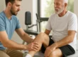 Ein Physiotherapeut untersucht das rechte Knie eines älteren Mannes, der auf einer Behandlungsliege sitzt. Die Szene spielt sich in einem modernen Therapieraum ab.