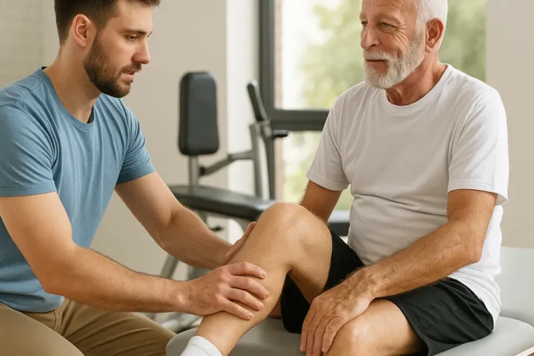 Ein Physiotherapeut untersucht das rechte Knie eines älteren Mannes, der auf einer Behandlungsliege sitzt. Die Szene spielt sich in einem modernen Therapieraum ab.