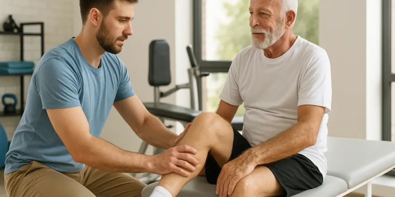Ein Physiotherapeut untersucht das rechte Knie eines älteren Mannes, der auf einer Behandlungsliege sitzt. Die Szene spielt sich in einem modernen Therapieraum ab.