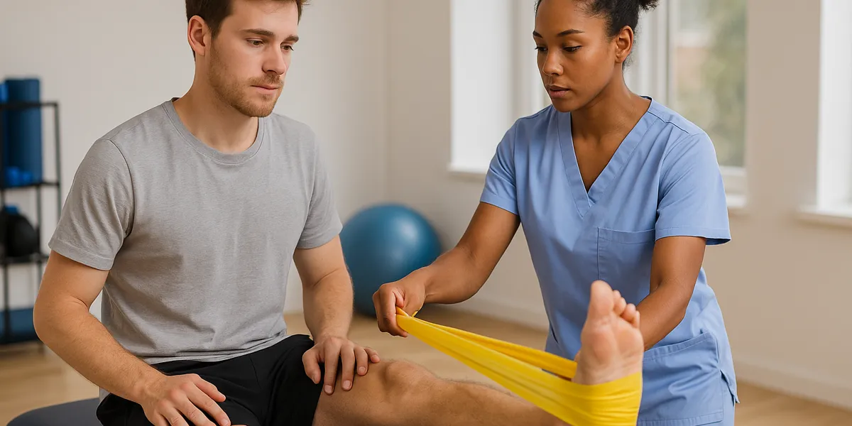 Eine Physiotherapeutin mit blauer Kleidung führt eine Übung mit einem Widerstandsband am Bein eines jungen Mannes durch. Beide konzentrieren sich auf die Ausführung der Reha-Übung.