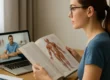 Eine junge Frau mit Brille sitzt an einem Schreibtisch, liest ein Anatomiebuch und verfolgt gleichzeitig einen Videokurs mit einem Physiotherapeuten auf dem Laptop.