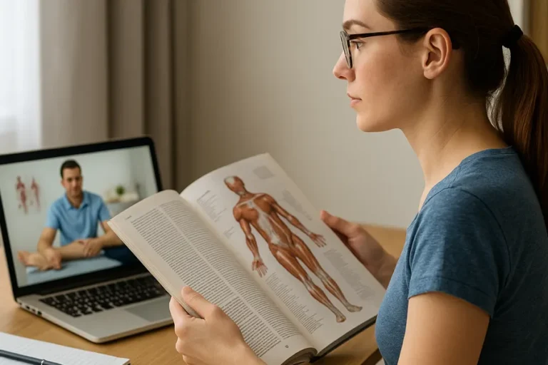 Eine junge Frau mit Brille sitzt an einem Schreibtisch, liest ein Anatomiebuch und verfolgt gleichzeitig einen Videokurs mit einem Physiotherapeuten auf dem Laptop.