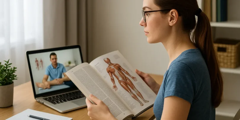 Eine junge Frau mit Brille sitzt an einem Schreibtisch, liest ein Anatomiebuch und verfolgt gleichzeitig einen Videokurs mit einem Physiotherapeuten auf dem Laptop.