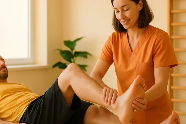 Eine Physiotherapeutin in orangefarbenem Arbeitskittel untersucht und mobilisiert das Sprunggelenk eines entspannten männlichen Patienten auf einer Behandlungsliege in einem hellen, freundlichen Therapie-raum.