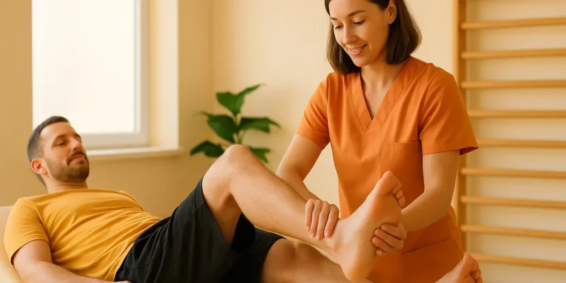 Eine Physiotherapeutin in orangefarbenem Arbeitskittel untersucht und mobilisiert das Sprunggelenk eines entspannten männlichen Patienten auf einer Behandlungsliege in einem hellen, freundlichen Therapie-raum.