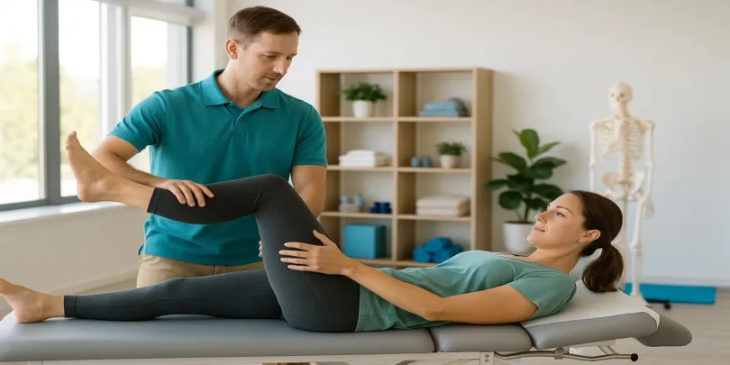 Eine Physiotherapeutin liegt auf einer Behandlungsliege und hebt ein angewinkeltes Bein, während der Therapeut sie am Knie stützt und das Gelenk vorsichtig bewegt.