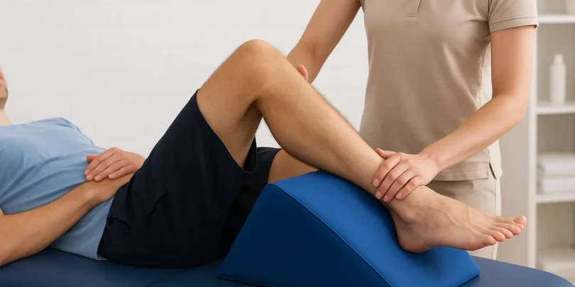Physiotherapeutin behandelt das rechte Bein eines liegenden Patienten auf einer Therapieliege – das Bein ist auf einem blauen Lagerungskeil positioniert.