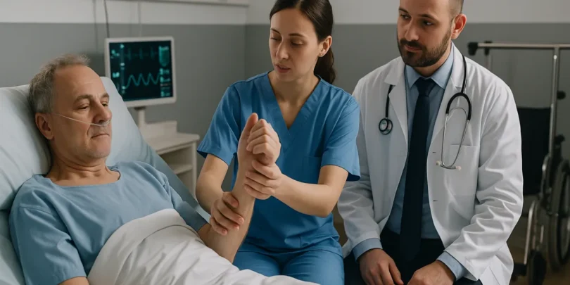 Eine Physiotherapeutin überprüft die Beweglichkeit des Arms eines älteren Mannes, der in einem Krankenhausbett liegt, während ein Arzt daneben sitzt.