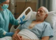 Ein älterer Mann liegt nach einer Operation mit Verband auf der Brust in einem Krankenhausbett, während eine Pflegekraft in Schutzkleidung beruhigend seine Schulter hält.