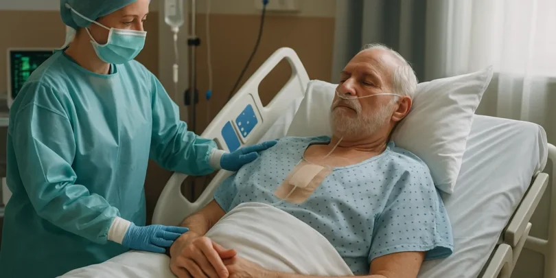 Ein älterer Mann liegt nach einer Operation mit Verband auf der Brust in einem Krankenhausbett, während eine Pflegekraft in Schutzkleidung beruhigend seine Schulter hält.